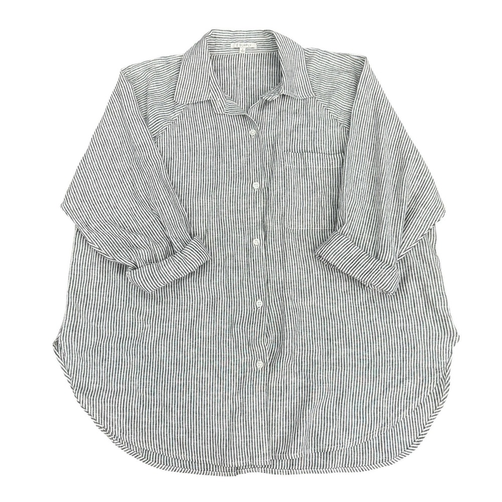 Z SUPPLY Oversized Striped Oversized Button Down Linen Blend Women L Casual Mom - Picture 2 of 8